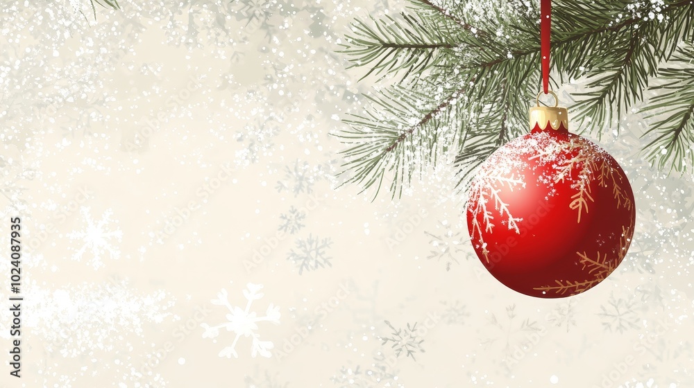 Festive Red Christmas Ornament on Pine Branch with Snowflakes - Holiday Greeting Template Festive Red Christmas Ornament on Pine Branch with Snowflakes - Holiday Greeting Template
