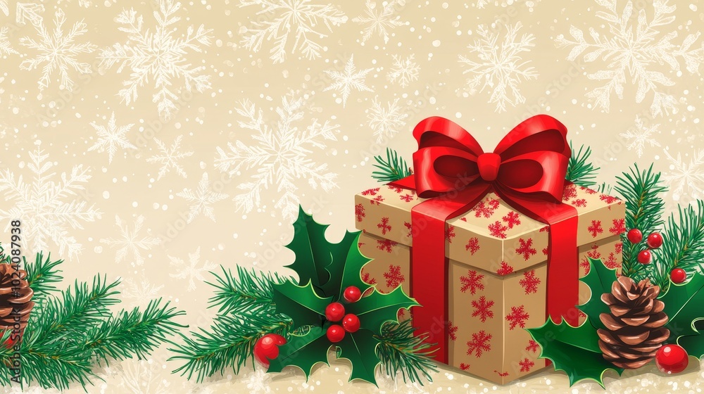 Festive Christmas Gift Box Surrounded by Holly and Snowflakes with Copy Space - Horizontal Template Festive Christmas Gift Box Surrounded by Holly and Snowflakes with Copy Space - Horizontal Template