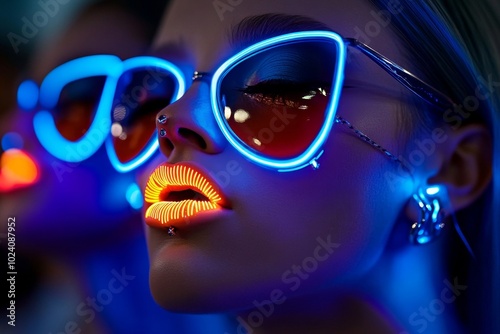 Fantasy depiction of a futuristic city where people wear neon-colored piercings on their lips and ears, with piercings that pulse with light