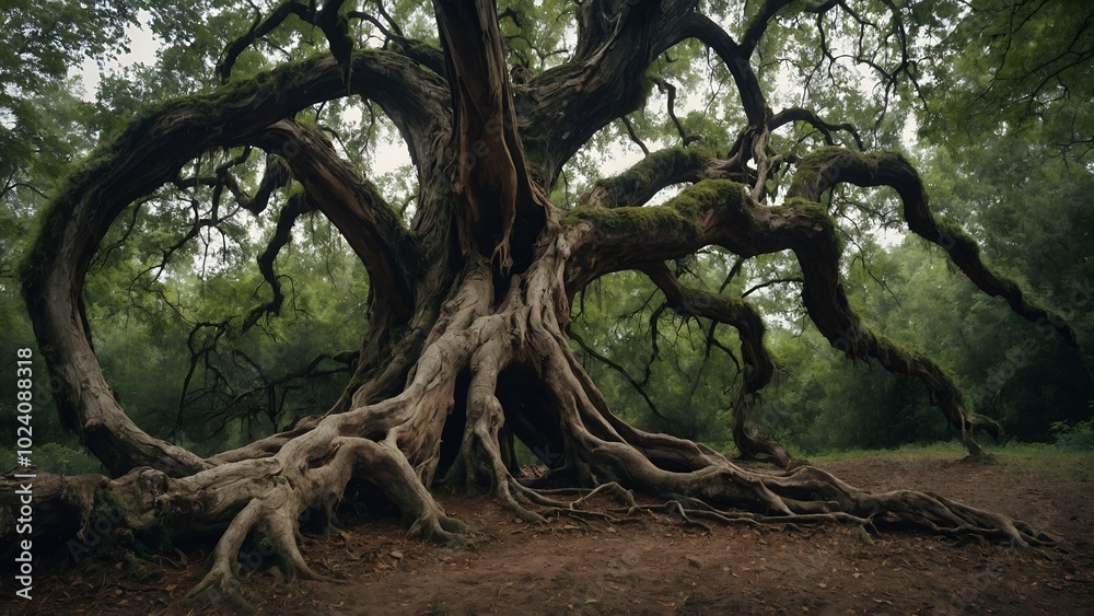 Fototapeta premium Large old tree with gnarled roots and twisted branches, cut out 