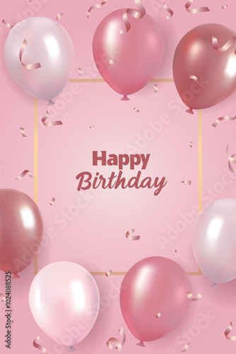 Realistic happy birthday poster with pink and champagne colored balloons on a rose colored background. Suitable for greeting cards, posters,