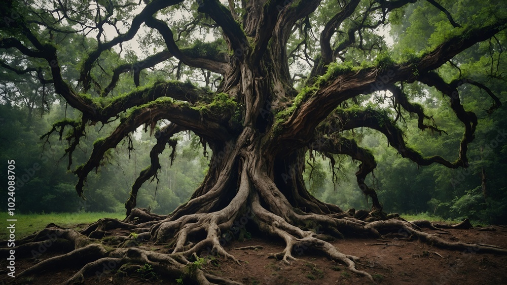 Large old tree with gnarled roots and twisted branches, cut out
Large old tree with gnarled roots and twisted branches, cut out