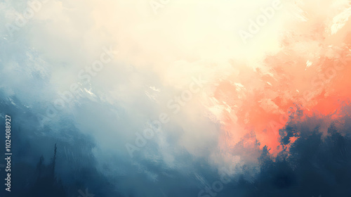 Abstract painting of a bright orange and blue sky with a dark silhouette of a forest in the foreground.