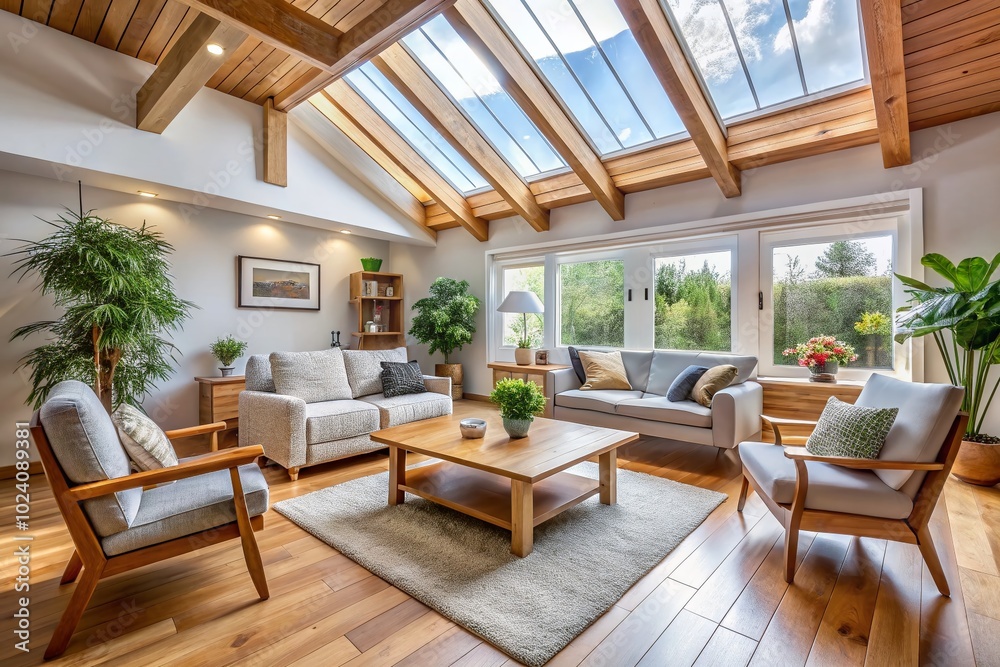 Cozy Room with Bright White Walls and Natural Wood Furniture Enhanced by Skylights for a Spacious, Inviting Atmosphere Cozy Room with Bright White Walls and Natural Wood Furniture Enhanced by Skylights for a Spacious, Inviting Atmosphere