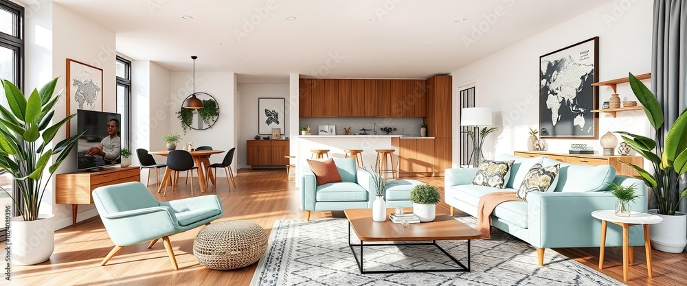 Scandinavian living room with mint sofa, poster frame, and dining area. AI generate. Scandinavian living room with mint sofa, poster frame, and dining area. AI generate.