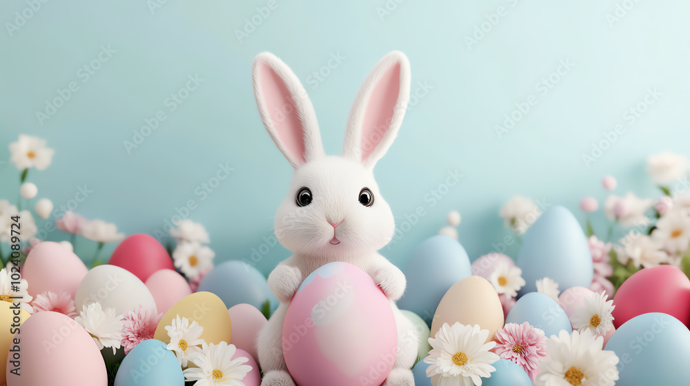 A cute white bunny surrounded by pastel-colored eggs and flowers, set against a soft blue background. Perfect for springtime and Easter-themed imagery. A cute white bunny surrounded by pastel-colored eggs and flowers, set against a soft blue background. Perfect for springtime and Easter-themed imagery.