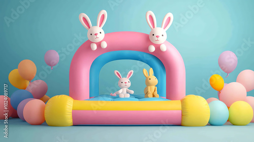 A cheerful inflatable bounce house featuring playful bunnies in vibrant colors, surrounded by colorful balloons against a soft blue background. photo