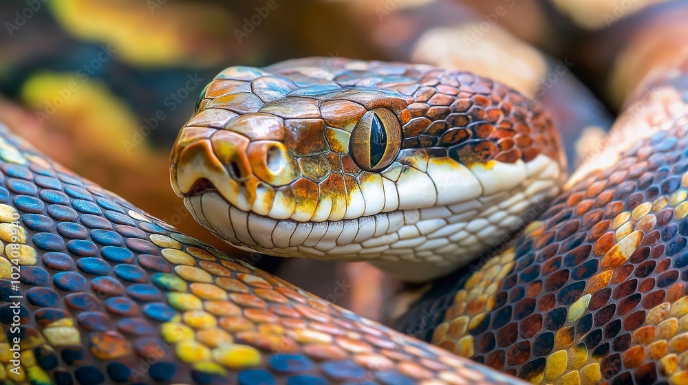 Close-up of a Vibrant Multicolored Snake with Intricate Scales. colorful reptile, exotic animal, dangerous tropical wildlife, reptile texture. Close-up of a Vibrant Multicolored Snake with Intricate Scales. colorful reptile, exotic animal, dangerous tropical wildlife, reptile texture.