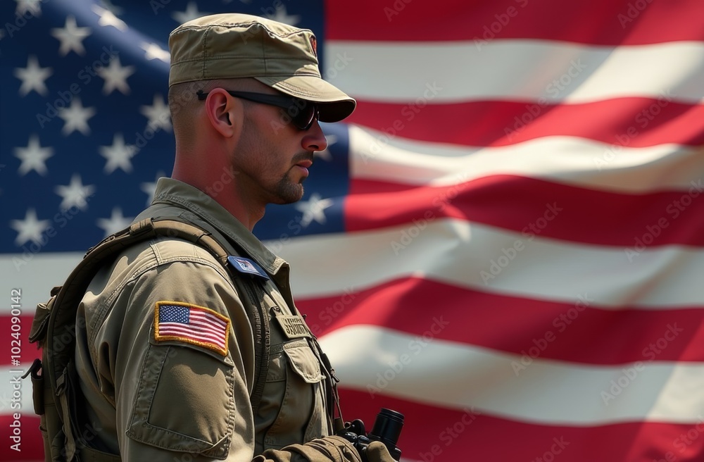 A soldier stands guard in front of a large American flag during a summer day, showcasing patriotism and dedication to service A soldier stands guard in front of a large American flag during a summer day, showcasing patriotism and dedication to service