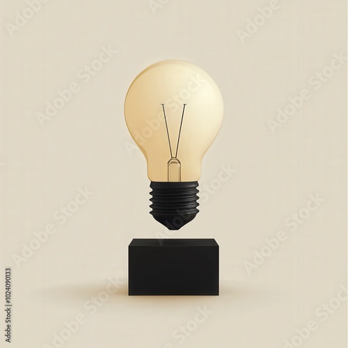 Modern artwork of a floating lightbulb on a black pedestal stand