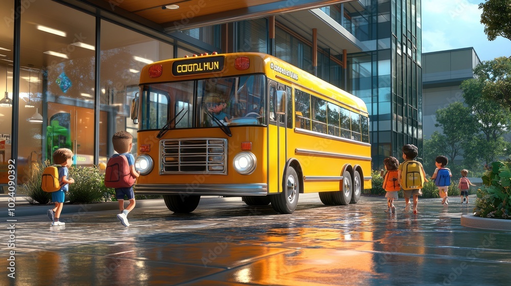 Bright Yellow School Bus Arriving at Modern School Building with Excited Children on a Sunny Day Bright Yellow School Bus Arriving at Modern School Building with Excited Children on a Sunny Day