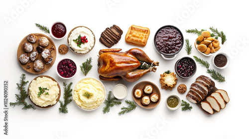 Christmas Dinner Table with Roasted Turkey and Traditional Festive Dishes on White Background - Perfect Holiday Meal Inspiration