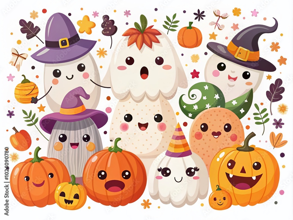 Cute Ghosts in Halloween Costumes: Flat Vector Illustration for Trick or Treat Cards and Decorations Cute Ghosts in Halloween Costumes: Flat Vector Illustration for Trick or Treat Cards and Decorations