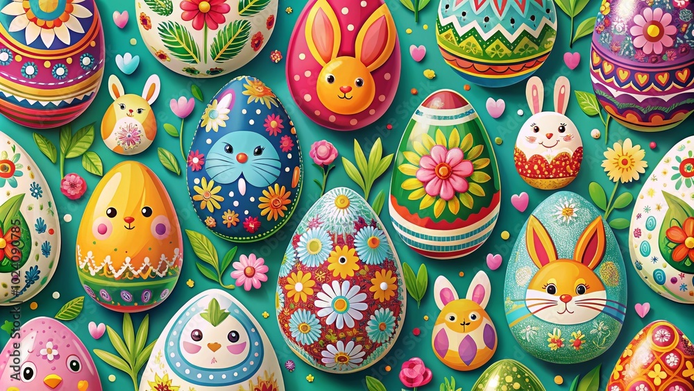 Cute Easter Egg Patterns and Ornaments with Flowers and Animals for Festive Holiday Decorations - Flat Vector Cute Easter Egg Patterns and Ornaments with Flowers and Animals for Festive Holiday Decorations - Flat Vector
