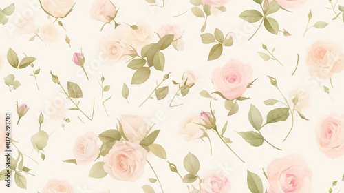 Elegant Seamless Pattern with Soft Pink Roses and Green Leaves on a Light Background for Floral Design and Decoration