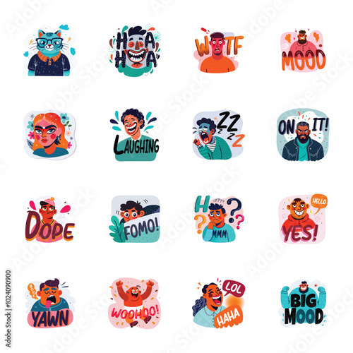 Collection of Emotions and Reactions Flat Style Stickers 

