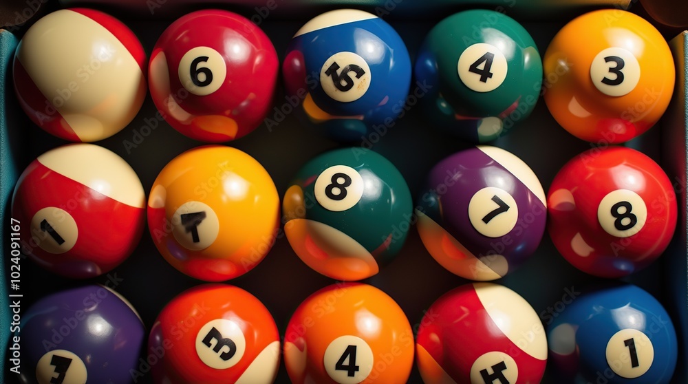 Top view of colorful numbered pool balls arranged neatly Top view of colorful numbered pool balls arranged neatly