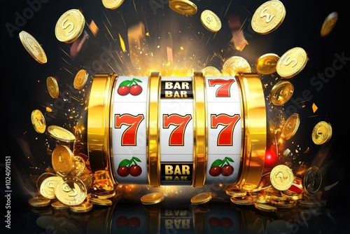 Wallpaper Mural Slot machine with spinning reels and coins flying in the air. Torontodigital.ca