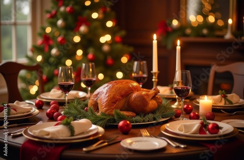 A beautifully arranged dining table featuring a roasted turkey and festive decorations for a holiday celebration in a cozy setting