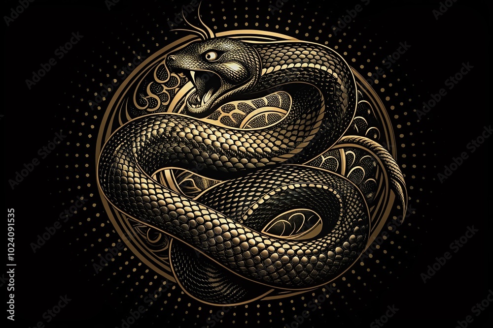 Fototapeta premium Dark silhouette of a venomous serpent, intricately engraved, creates a striking focal point in low light photography, highlighting the occult vibe