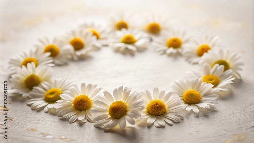 Obraz premium Delicate daisy petals arranged in a circular pattern on a softly lit surface, captured through tilt-shift photography, creating a serene and dreamy