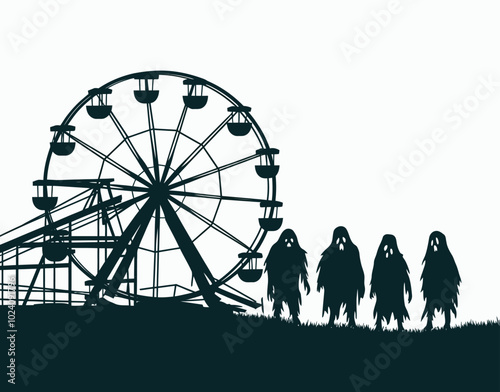 Haunting Horizons Broken Silhouette Ferris Wheel in a Dilapidated Park Vector