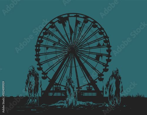 Silhouette Ghostly Figures in a Forgotten Funfair Vector EPS Template