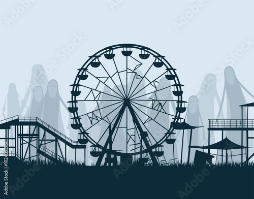 Silhouette of Ghostly Figures at a Deserted Amusement Park Vector EPS Template