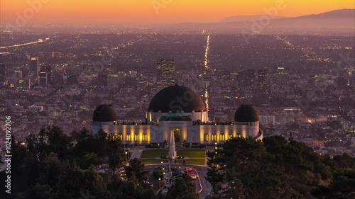 American tourist attraction Griffith Observatory cityscape at night in Los Angeles.Timelapse photograph