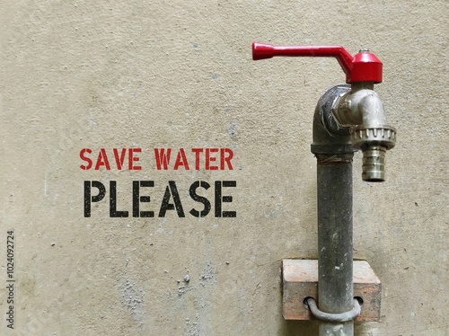 Red tap with text notice on the wall SAVE WATER PLEASE , to warn people to help conserve water by turning off the tap - .conserve energy and reduce carbon pollution.