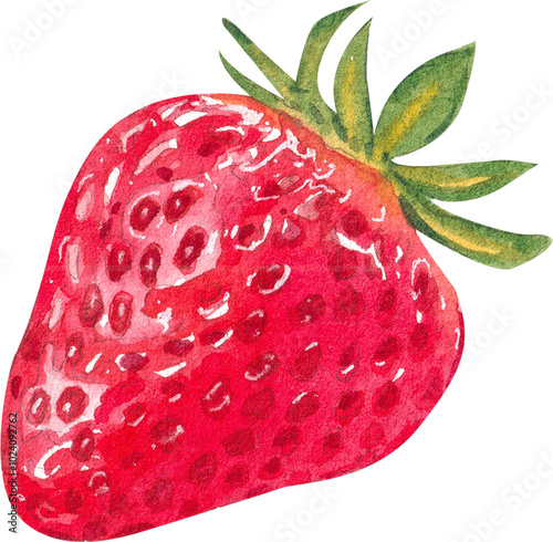 A single vibrant red strawberry, hand-drawn watercolor painting illustration