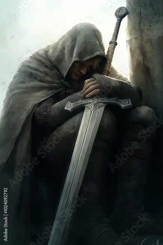 man sitting sword novel cover inspiring sad templar mournful mixed weak weary minas illustration photo