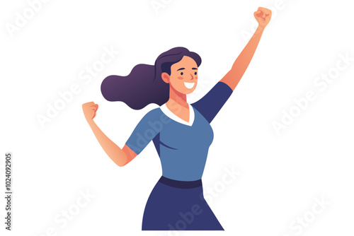 Happy excited woman celebrating success with winning fist, hand gesture | vector illustration on white background