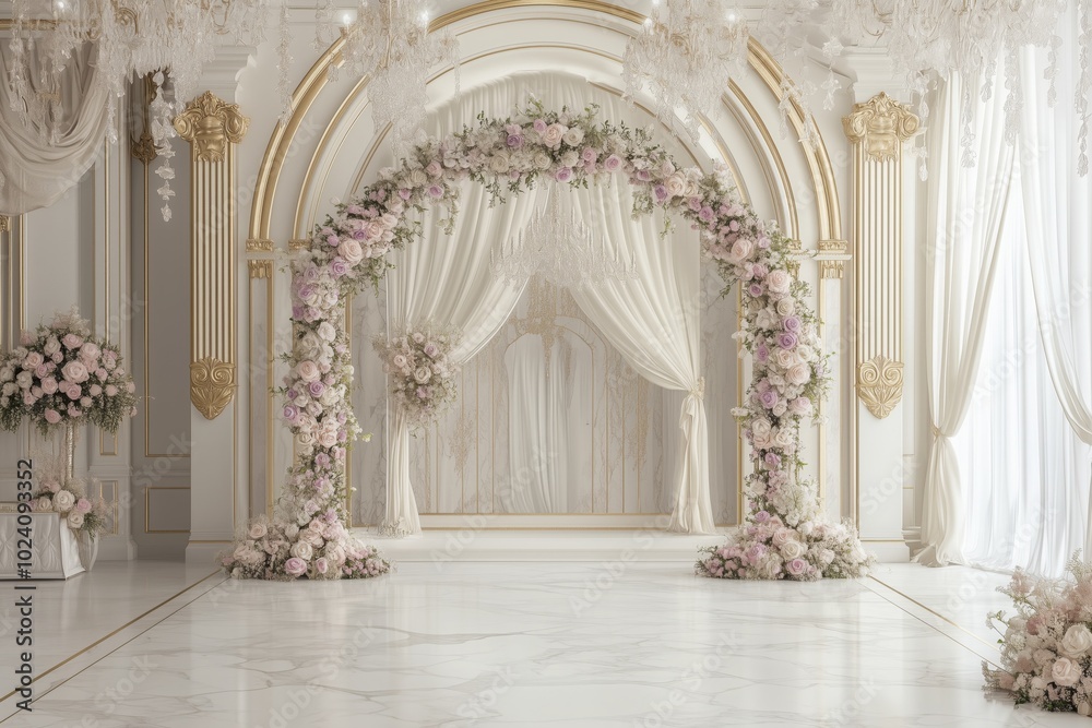Soft wedding backdrop, sweet tones, illustrations