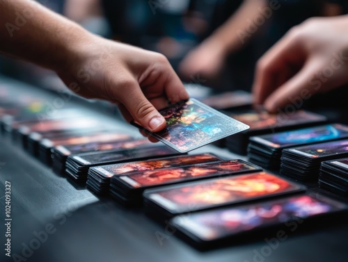 Hands exchanging trading cards at a gaming event. Multiple cards are spread on a table, showcasing colorful artwork and design details. photo