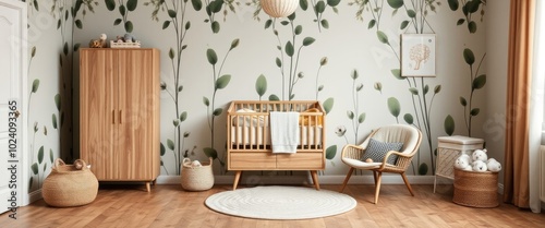 Wallpaper Mural Baby room with wooden cabinet, toys, and eucalyptus walls. AI generate. Torontodigital.ca