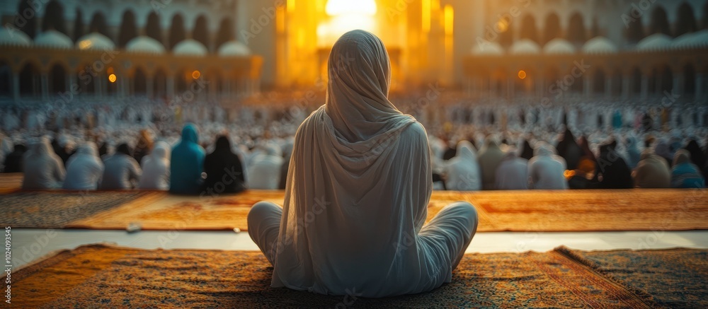 A lone woman in white sits in prayer in a crowded mosque, facing a bright sunset. A lone woman in white sits in prayer in a crowded mosque, facing a bright sunset.