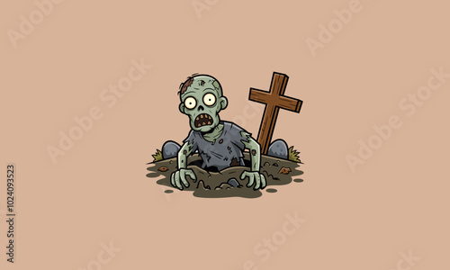 Zombie crawling out of grave with cross in background.