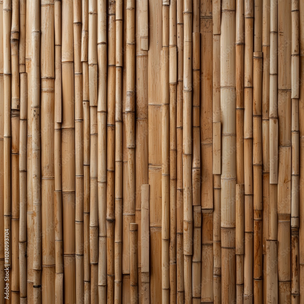 Fototapeta premium Vertical bamboo stalks tightly arranged create a natural brown textured background, ideal for organic and eco-friendly themes.