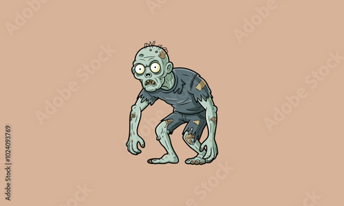 Hunched zombie in tattered clothes with wide eyes.