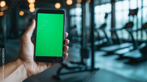 Hand holding smartphone with green screen in modern gym. Fitness technology concept for app promotion and digital marketing.