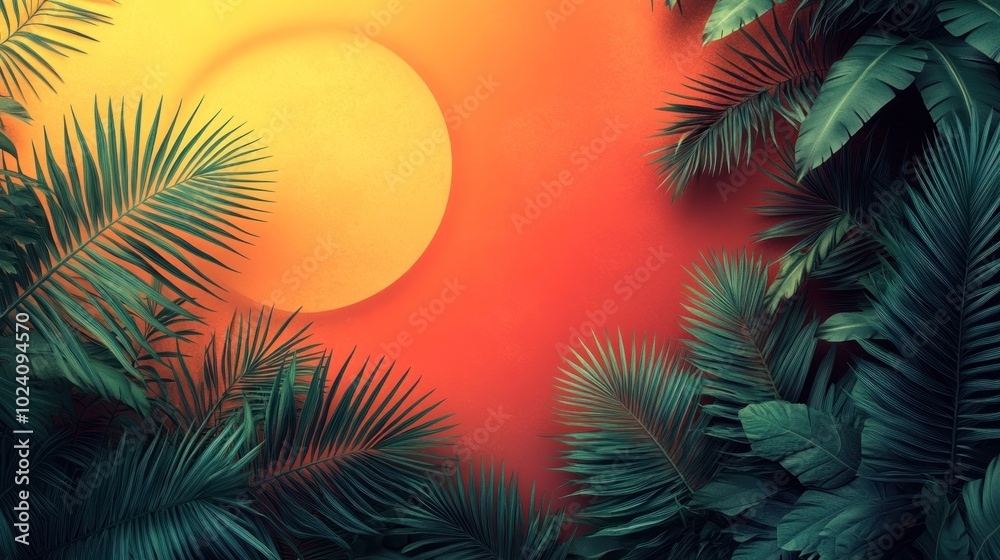 Tropical leaves frame a yellow sun on an orange background. Tropical leaves frame a yellow sun on an orange background.