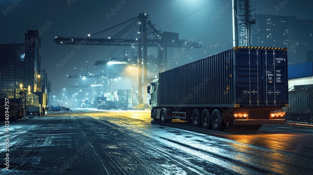 Obraz premium Industrial professional photography, Container Truck, side view, port background, realistic, shot wit wide angle camera