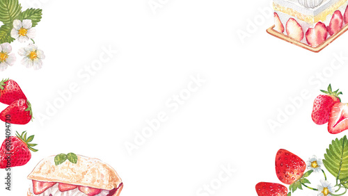 Quadro su tela Strawberry short cake, cream pastry puffs, and strawberry flowers, hand-drawn wa