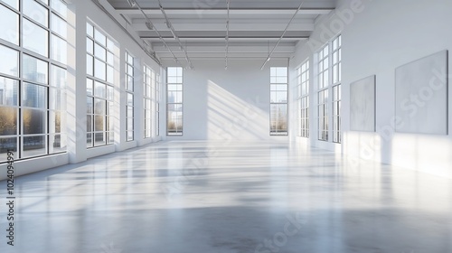 Modern empty art gallery with white walls and large windows