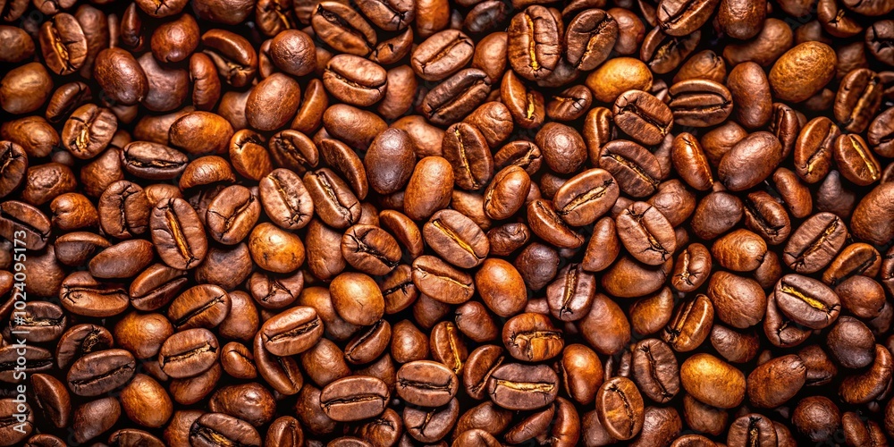 Obraz premium A close-up view of roasted coffee beans, showcasing their rich brown hue and intricate details. The beans, arranged in a dense, textured pattern, exude a warm, inviting aroma.