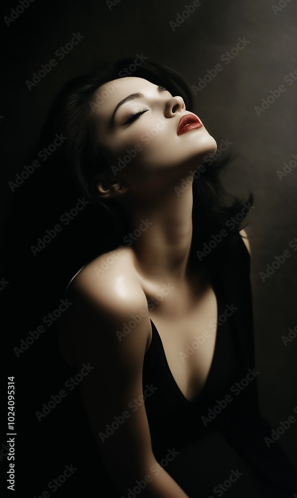woman black dress eyes closed white skin young neck reddish pose pursed lips talented mixed race anguish woman black dress eyes closed white skin young neck reddish pose pursed lips talented mixed race anguish