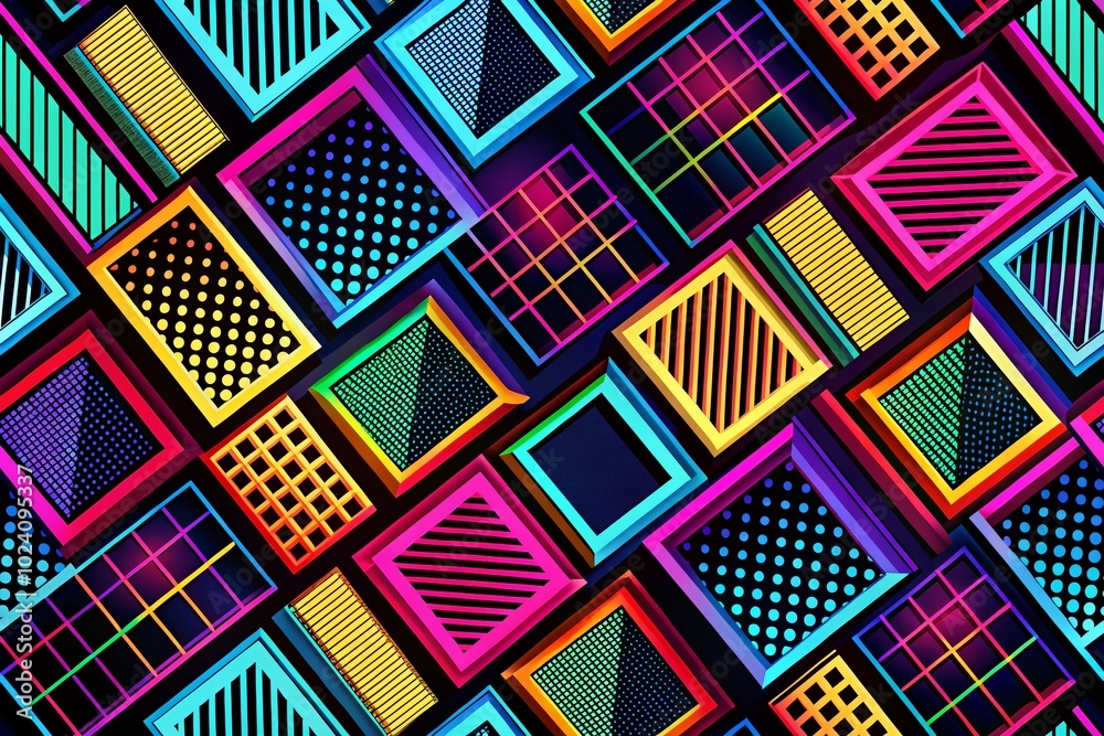 Dynamic neo-Memphis style pattern featuring bright neon rectangles on a striking black background, perfect for