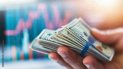 A Close-Up of a Hand Holding a Stack of Crisp Dollar Bills Against a Blurred Background Featuring a Financial Chart and a Growing Graph, Symbolizing the Concept of Raising Cash, Captured with a Shallo photo