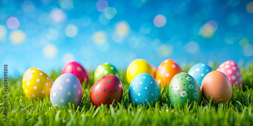 A vibrant collection of colorful Easter eggs nestled in a bed of lush green grass, illuminated by a gentle blue sky with soft, shimmering bokeh effects. A vibrant collection of colorful Easter eggs nestled in a bed of lush green grass, illuminated by a gentle blue sky with soft, shimmering bokeh effects.